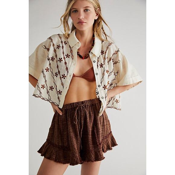 Free People white brown embroidered button down - Picture 1 of 6